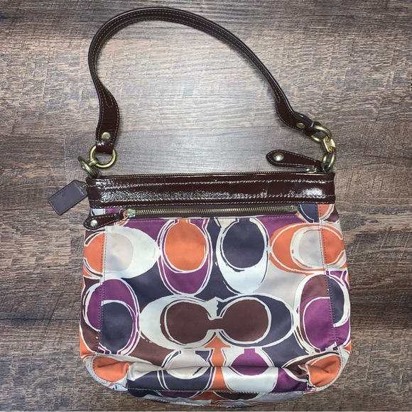 COACH Ashley Signature Satin Monogram Hobo Patent Leather Purse Purple Brown - Picture 3 of 11